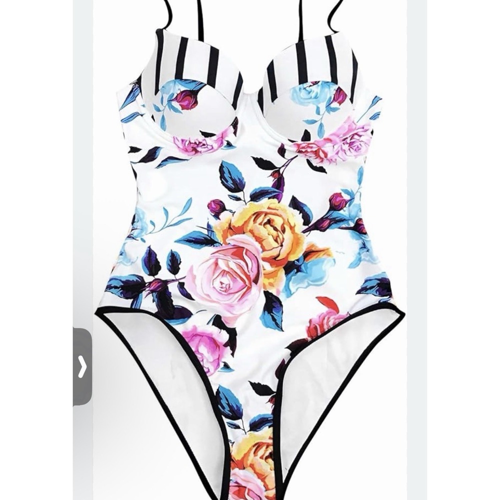 Cupshe One Piece Multicolor Floral And Stripes‎ Swimsuit S - Picture 3 of 7